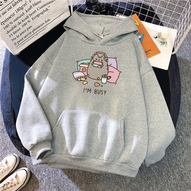 gray color hoodie printed with a busy cat playing game and listening to music