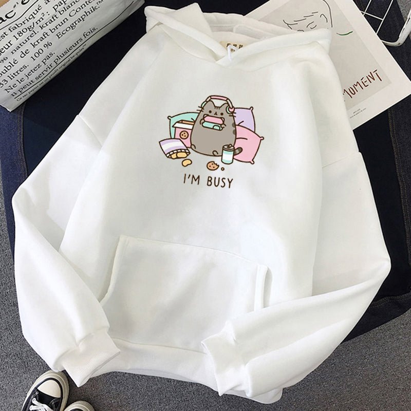 adorable white color pusheen hoodie written with i'm busy words