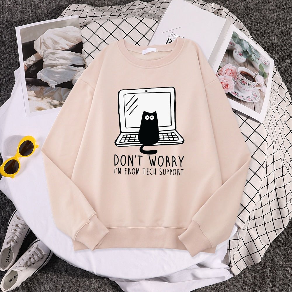 beige color cat sweatshirt with black cat cartoon