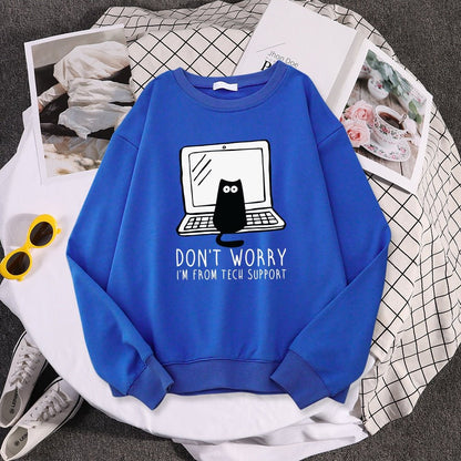 blue cat dad sweatshirt with i am from tech support words