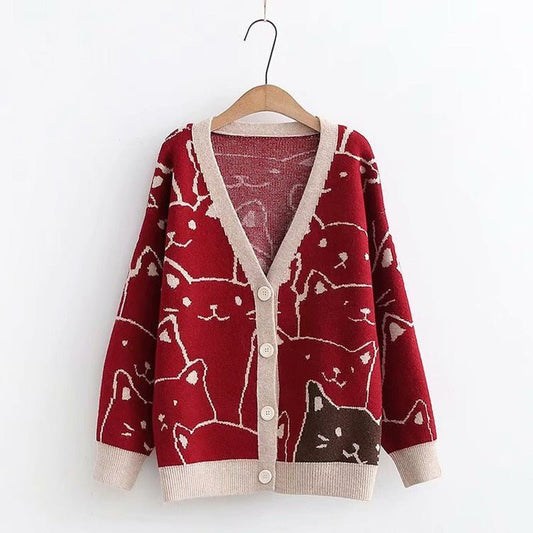 red color cat mom cardigan jacket