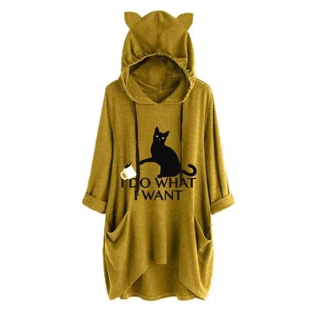 yellow color hoodie featuring a black cat spilling coffee that looks funny and cute