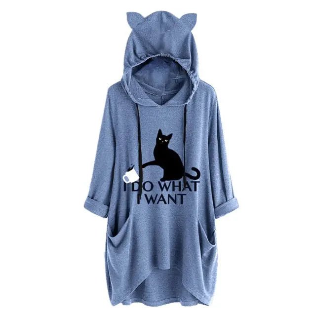 blue color cat hoodie that comes with a pouch with oversized comfortable fitting 