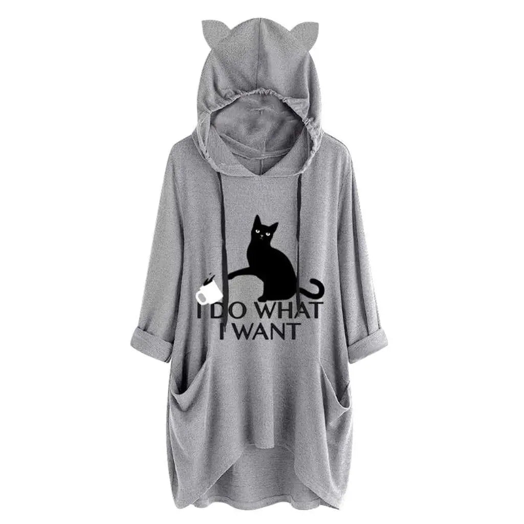 grey color cat hoodie with cat ears made for women with oversized fitting perfect for casual days