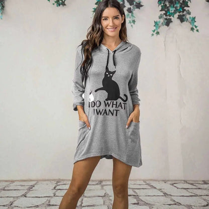 comfortable grey color hoodie with long fitting and a black cat design on it