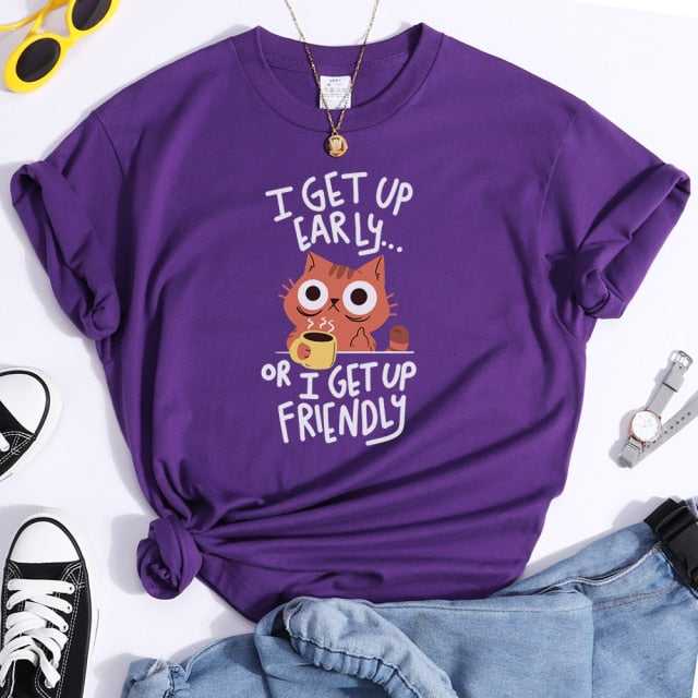 womens cat shirt in purple color printed with i get up early or i get up friendly copywriting