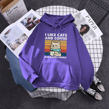 cool purple cat hoodie made for men with funny words and a picture of cat and coffee