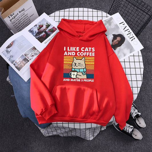 red color hoodie featuring a cat wearing a scarf holding a coffee mug 