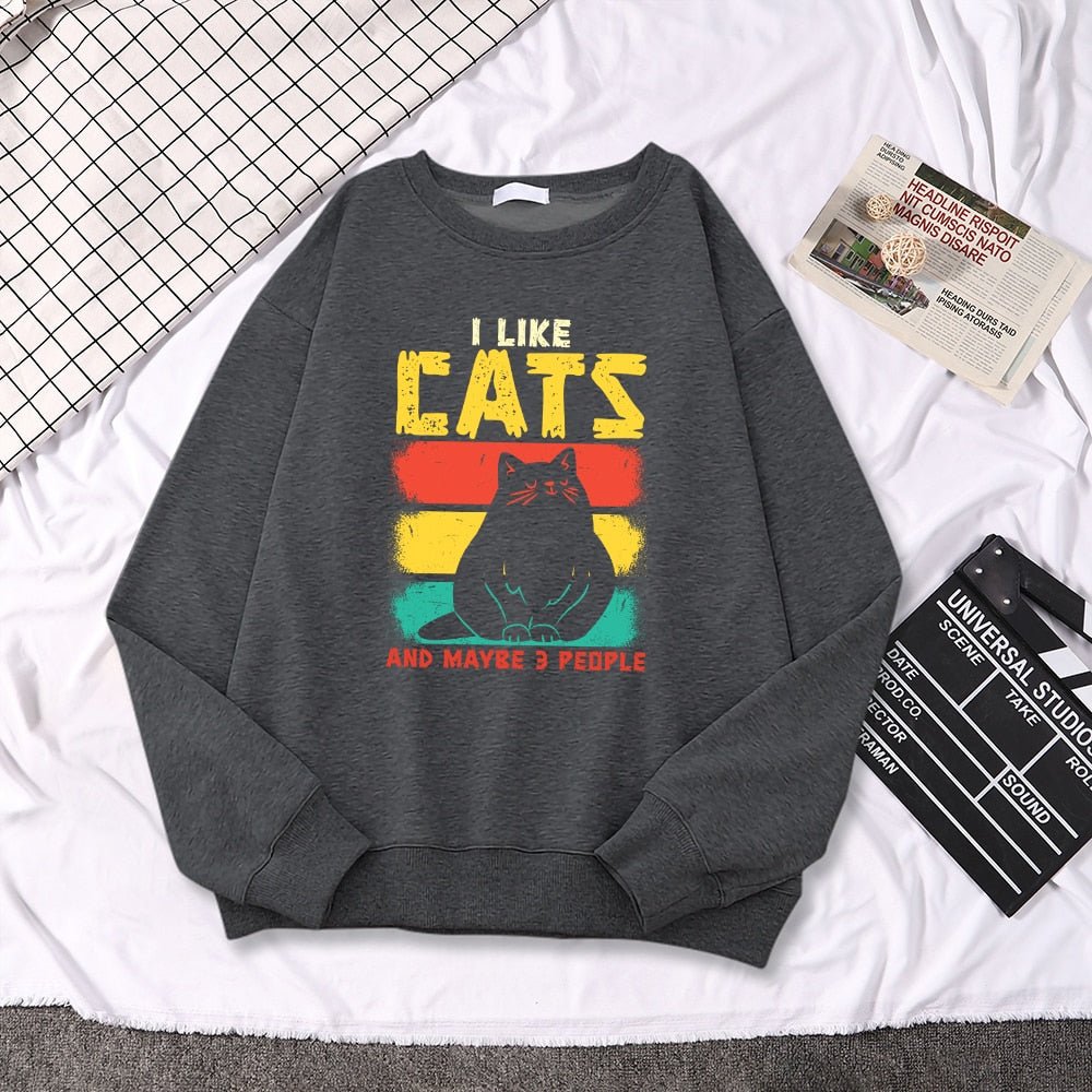 a gray funny cat sweatshirt with I like Cats saying made from premium cotton