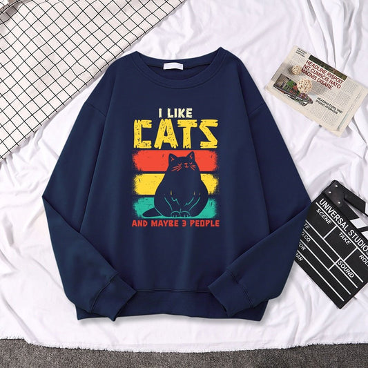 a navy blue cat print sweater with I like cats
