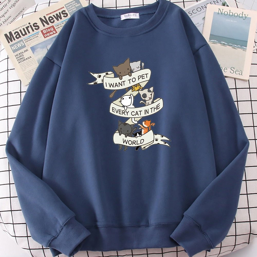 a blue color cat lover sweatshirt with the word I want to pet every cat in the world