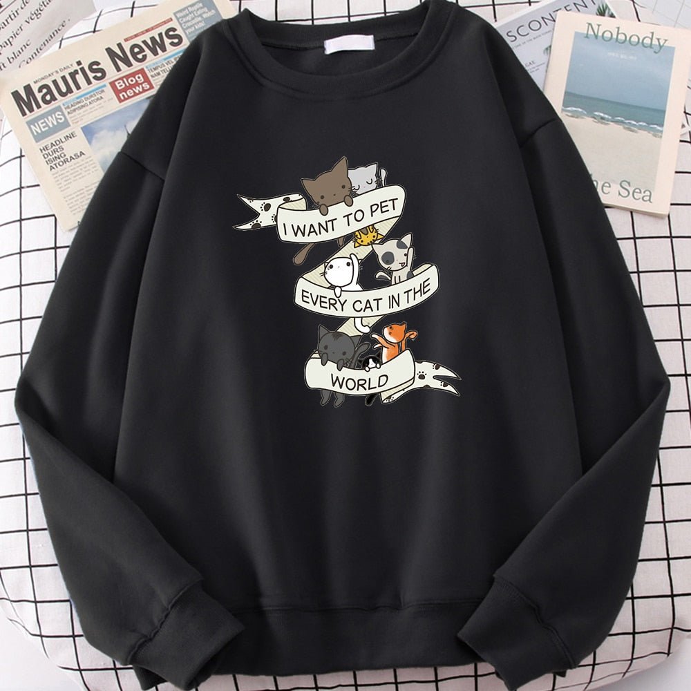 a black color cute cat sweaters with the word I want to pet every cat in the world