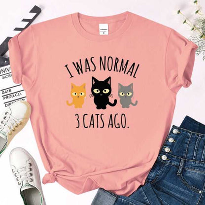 a pink color 'I Was Normal 3 Cats Ago' Women's T-shirt with Cute Cat Design specially made for cat mom