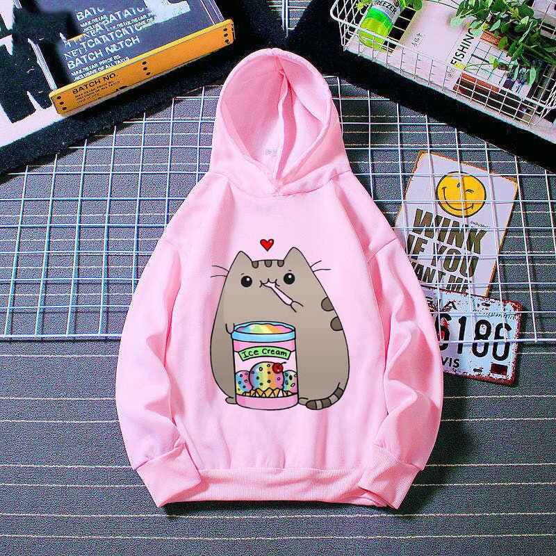 pink color adorable cat hoodie for kids and children printed with a pusheen cat eating ice cream