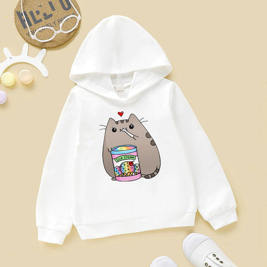 white pusheen cat hoodie for children and kids featuring a cat eating ice cream and look cute