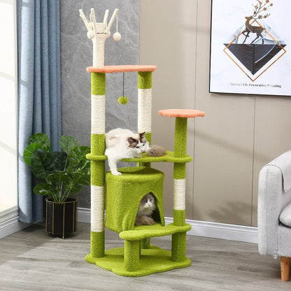 a green color deluxe cat tree for adult cats