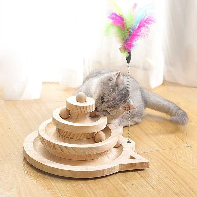 Cat Supplies Funny Roller Cat Toy-Triple Layer Wooden Track Balls Turntable for Kitty Cat Gifts for Your Cats