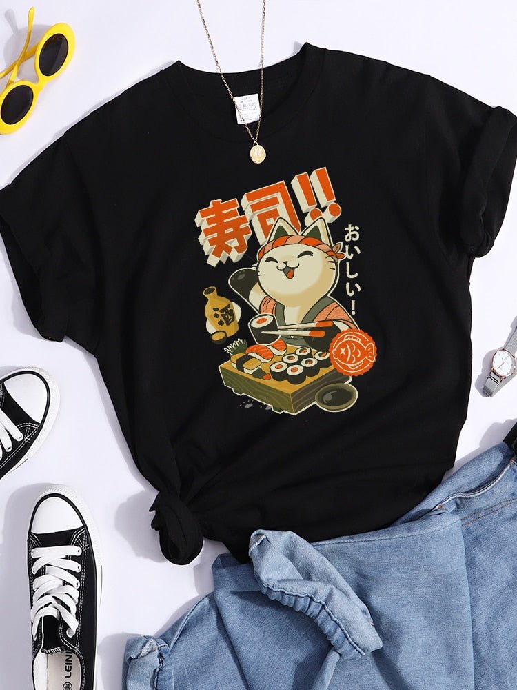 black cat t shirt with harajuku inspired illustrations