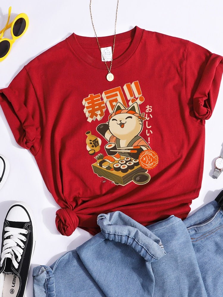 red color sushi cat shirt in japanese themed design