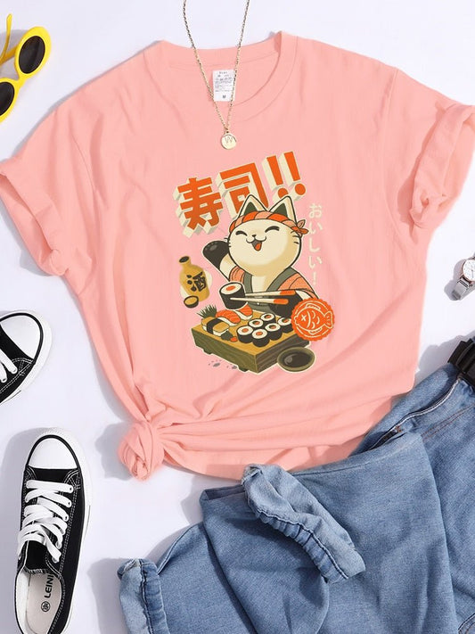 sushi cat shirt for sushi lovers in pink color