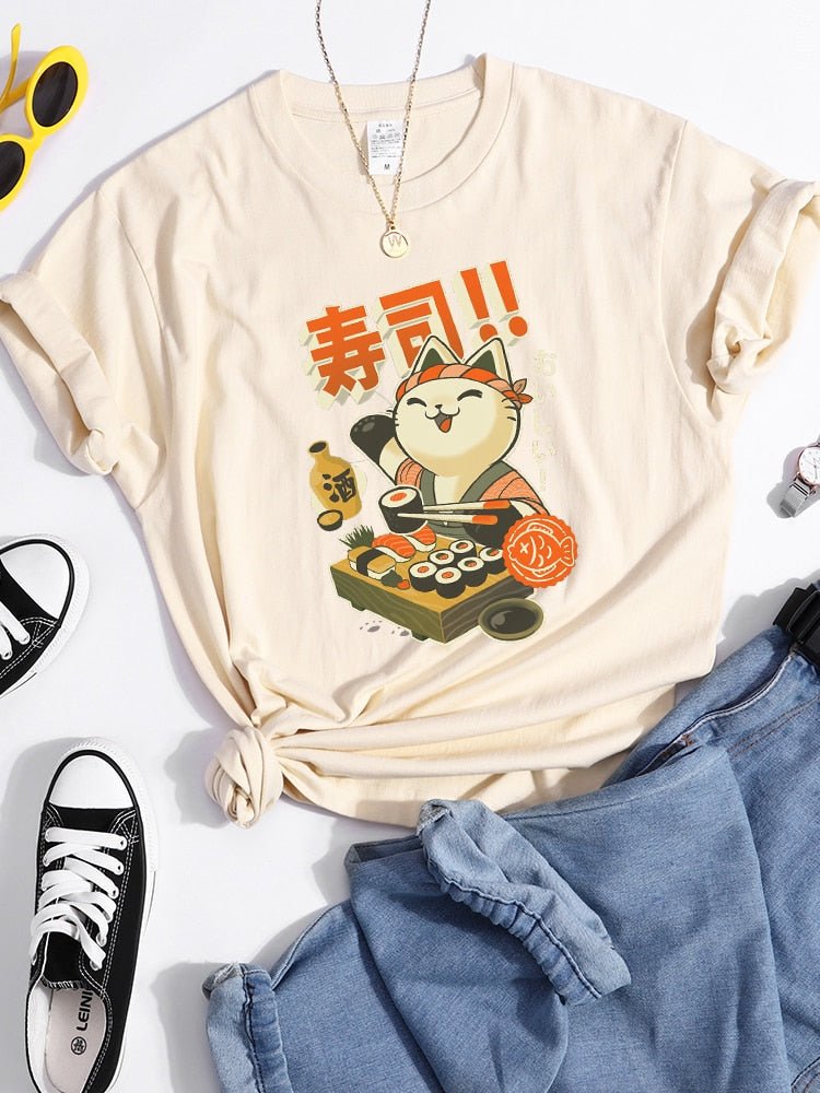 beige color sushi cat shirt for cat lady