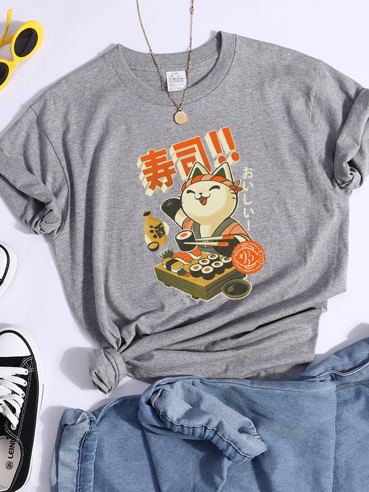 grey color cat lover shirt and cat sushi lover shirt