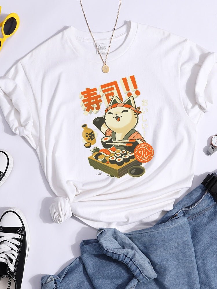 white cool cat shirts for sushi lover in white color