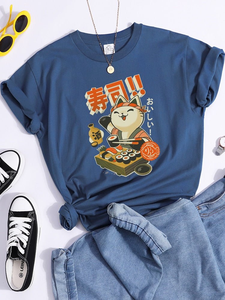 womens cat shirt for sushi lover in haze blue color