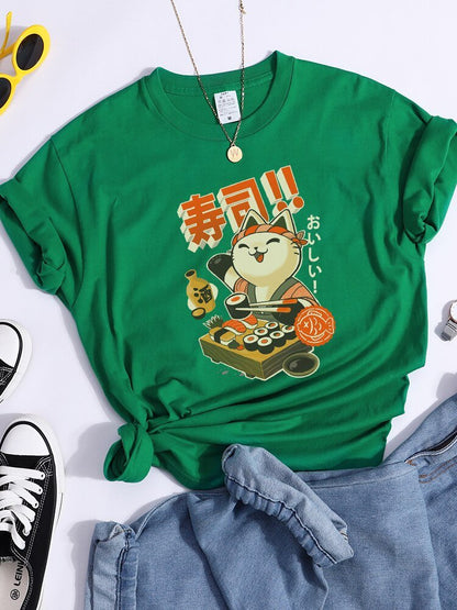 female green cat t shirt for sushi lover