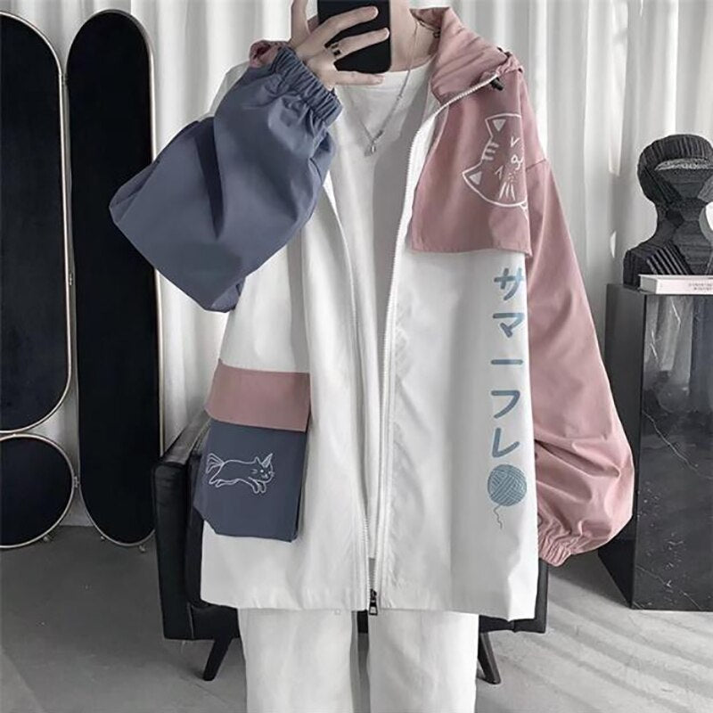 light blue and pink zip jacket with kawaii cat design for men