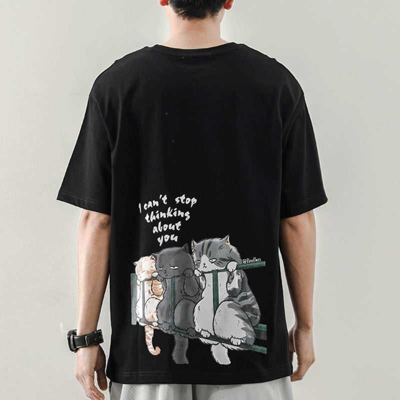 Men's Harajuku style kitten t-shirt with three lonely kittens design that looks cool on a man