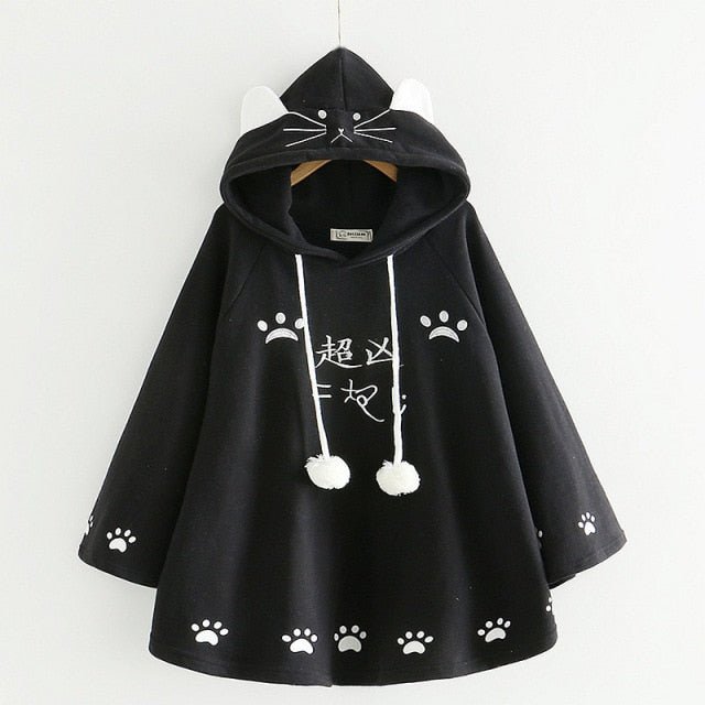 black color harajuku style cat ear hoodie with ears in unique cloak design made for cat moms