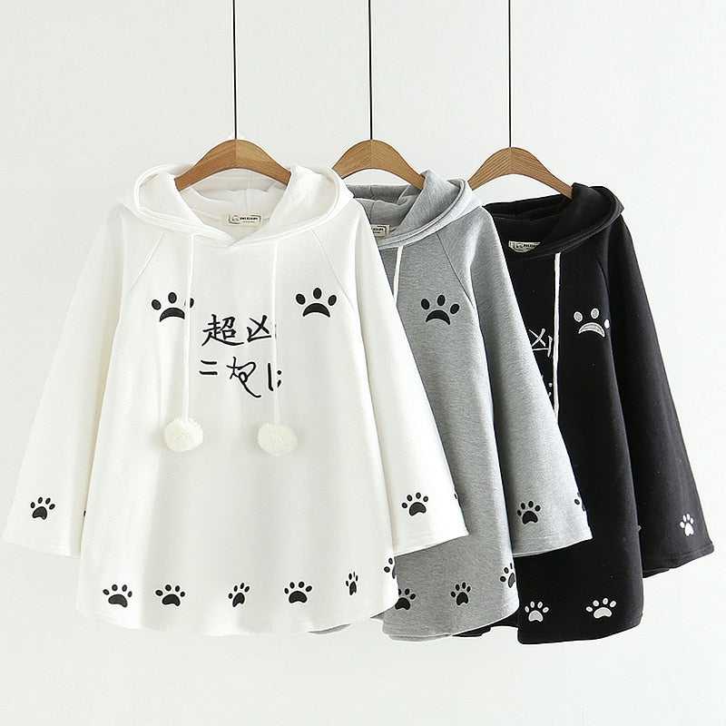 unique and kawaii design cat hoodie with ears in white gray and black color inspired by japanese anime