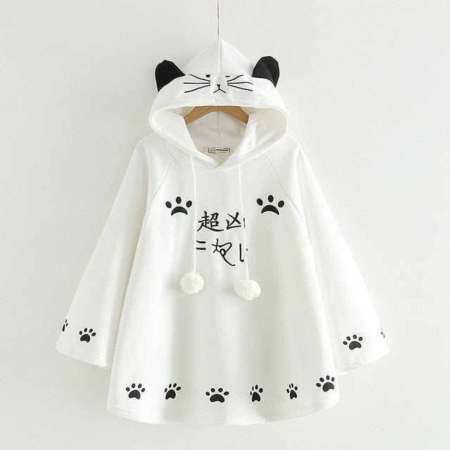 white color kawaii cat ear hoodie inspired by japanese cloak design