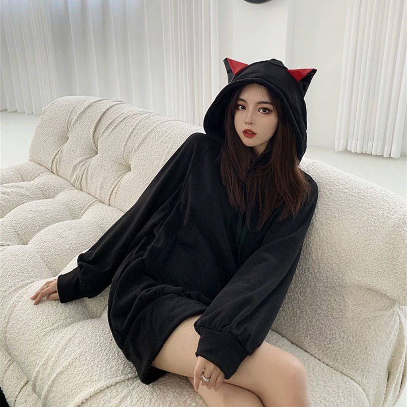 japanese model in black cat hoodie with ears