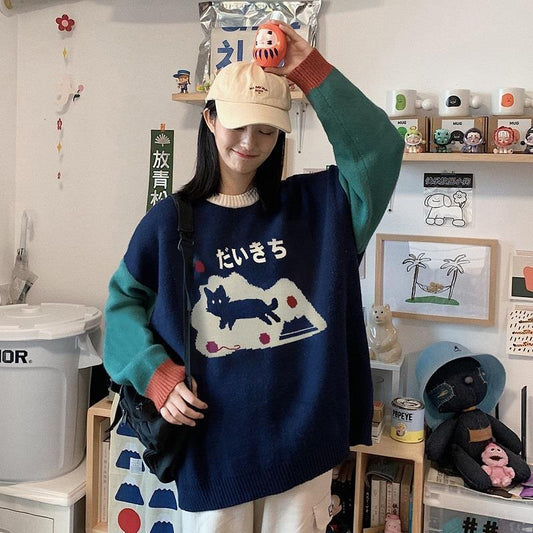 a woman wearing a cat lady sweatshirt with cute cat designs