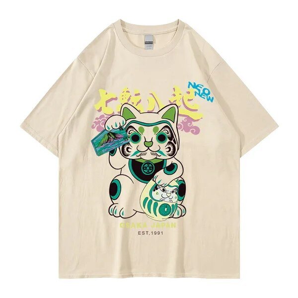 Attention-grabbing Japanese Neon Fortune Cat Cartoon T-Shirt.