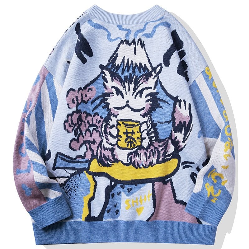 a embroidered cat sweater with japanese design