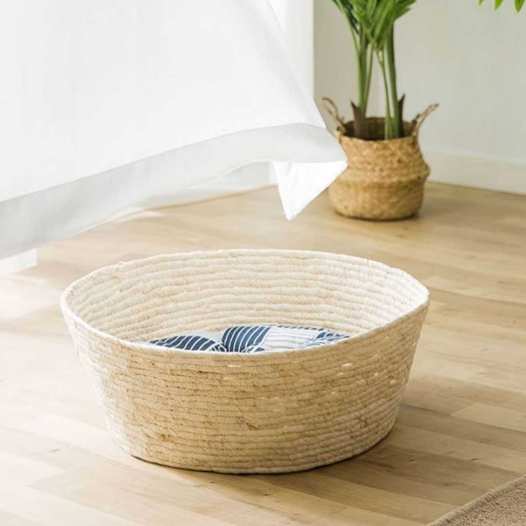 beige color handwoven stylish cat basket bed with cushion