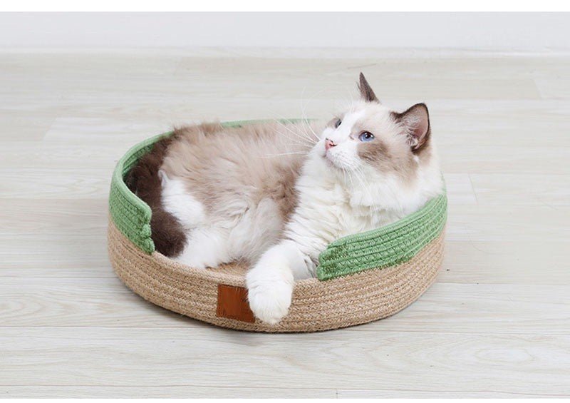 wooden style cat bed with texture that looks comfy