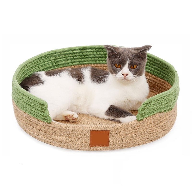 hand made crochet style cat bed that looks comfortable and gives a calming effect to anxious cats