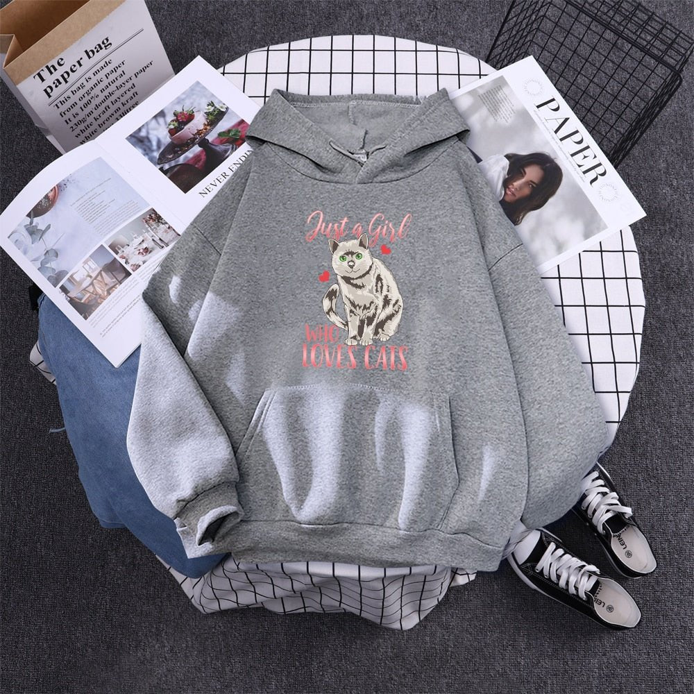 gray hoodie that looks cute featuring a cat, heart, and a sweet message of girls who loves cats