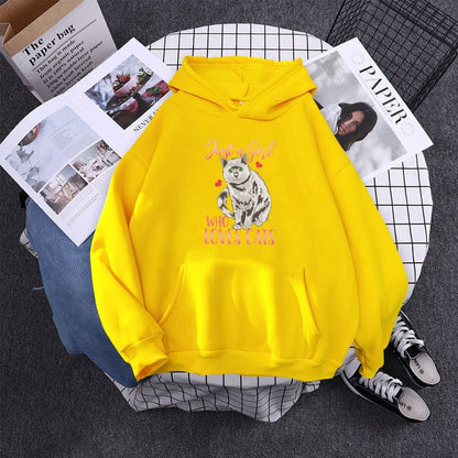 yellow hoodie that looks kawaii with the word just a girl who loves cats