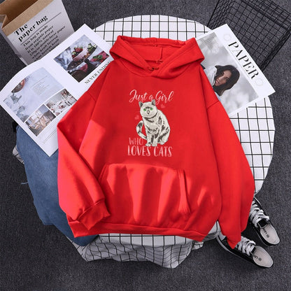 red color hoodie for with a printed kitty with 2 hearts
