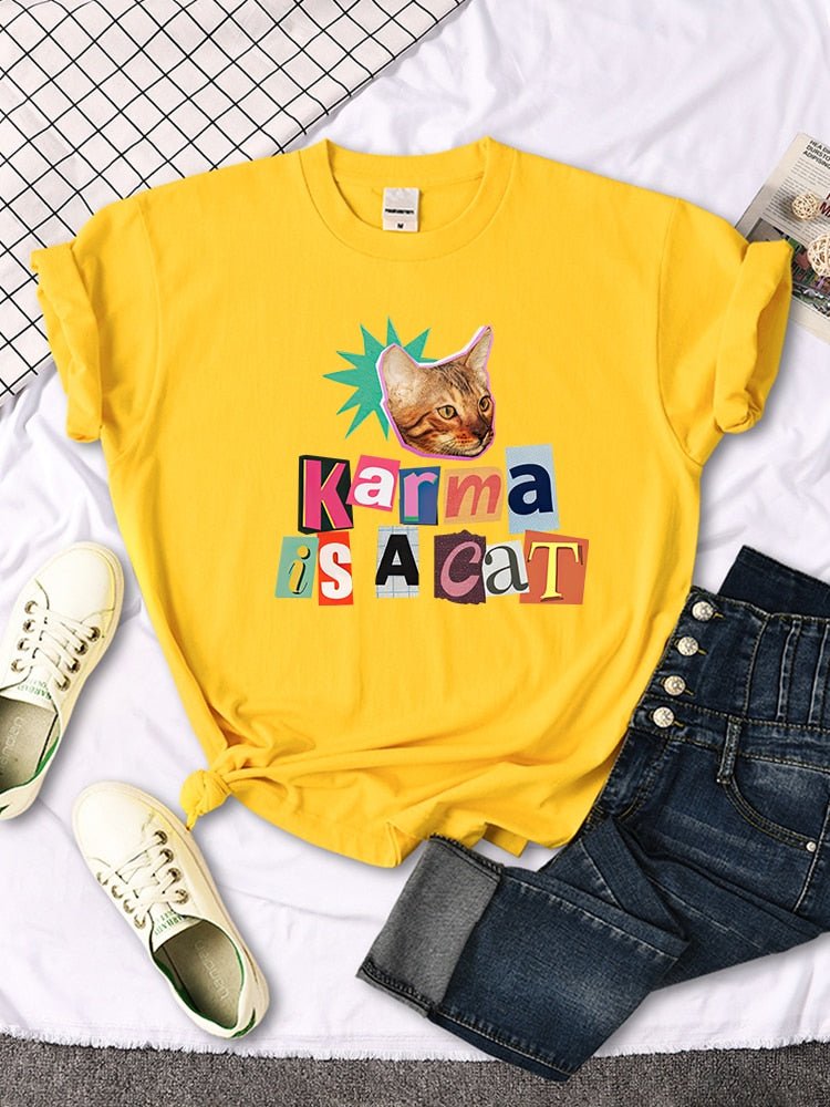 womens yellow color karma is a cat shirt