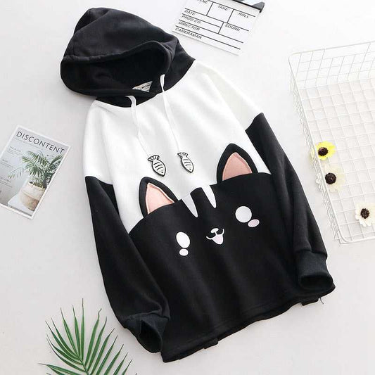 a black color japanese culture inspired kawaii cat hoodie that has cat ears and big cat pattern printed on it