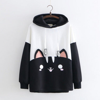 black and white color japanese design cat hoodie with cat ears that looks adorable