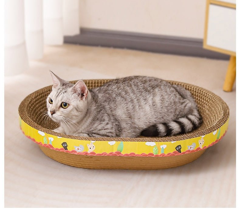 cat sleeping on a wooden cat bed that comes with a scratching board