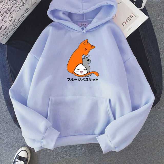 baby blue color hoodie with pouch featuring an orange cat watching a mouse closely that looks cute