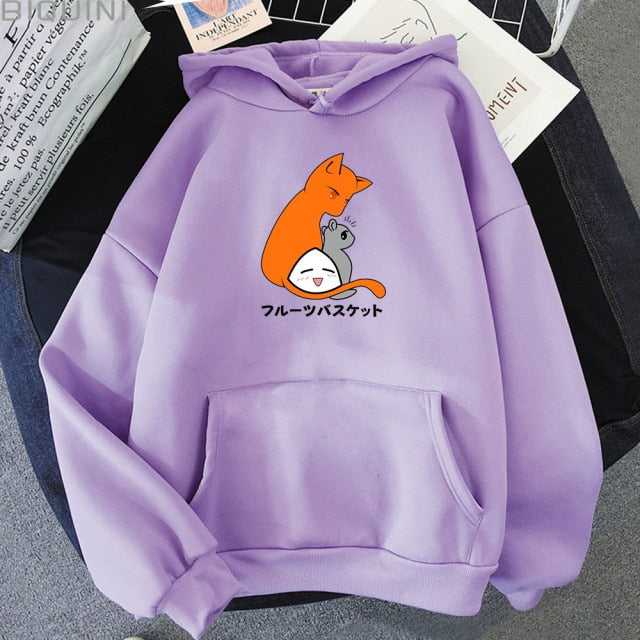 purple color hoodie with a cute orange cat cuddling with a small mouse that looks cute and adorable
